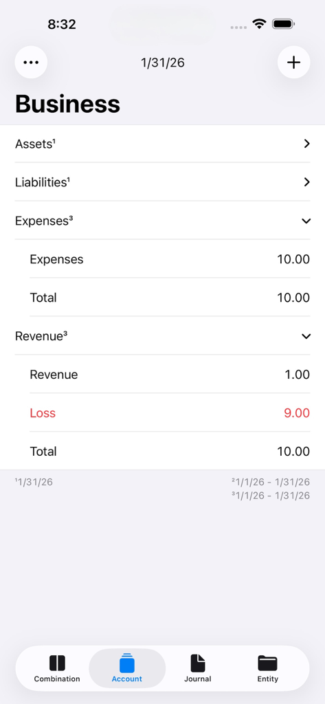 A screenshot of the business account summary screen in the Double-Entry Bookkeeping app showing expenses and revenue categories.