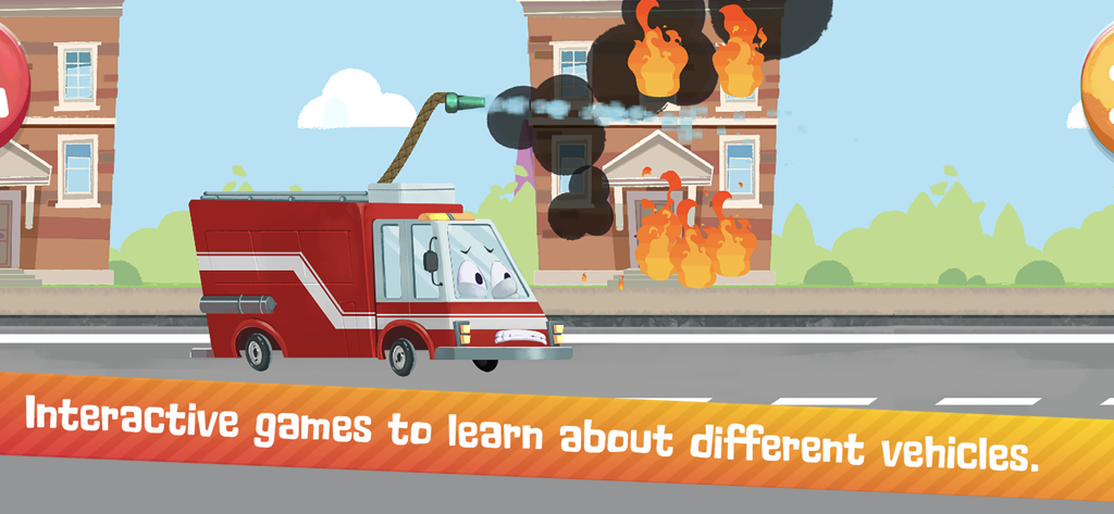 Vkids Vehicles: Games for kids - Un camion dei pompieri dei cartoni animati che spegne un incendio su un edificio in un gioco educativo per bambini