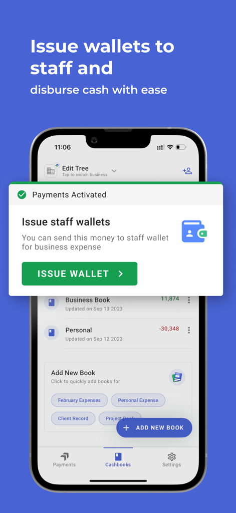 Ein Smartphone, das die Benutzeroberfläche der Cash Book-App anzeigt, mit einer Popup-Aufforderung, digitale Geldbörsen an Mitarbeiter für Geschäftsausgaben auszugeben.