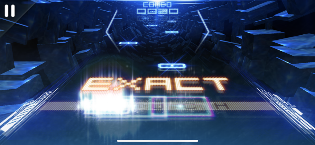 MUSYNX - 미래적인 파란색 인터페이스에서 정확한 히트 등급을 보여주는 MUSYNX 리듬 게임 플레이