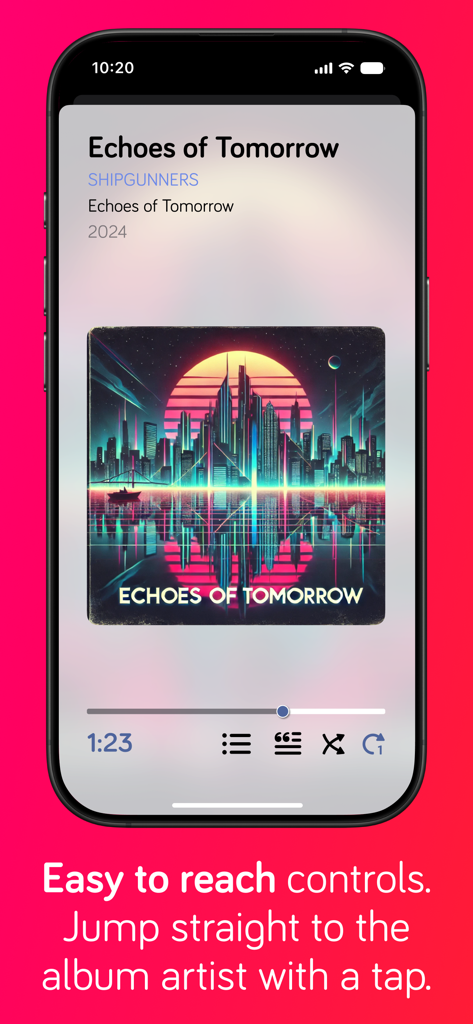 Harken Offline Music Player - Interfaz del reproductor de música Harken mostrando una pantalla de reproducción con controles de navegación inferiores ergonómicos