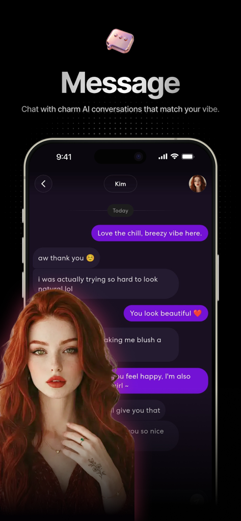 2am: Discovery & Chat - Chat interface of the 2am Discovery and Chat app showing a conversation with an AI companion named Kim
