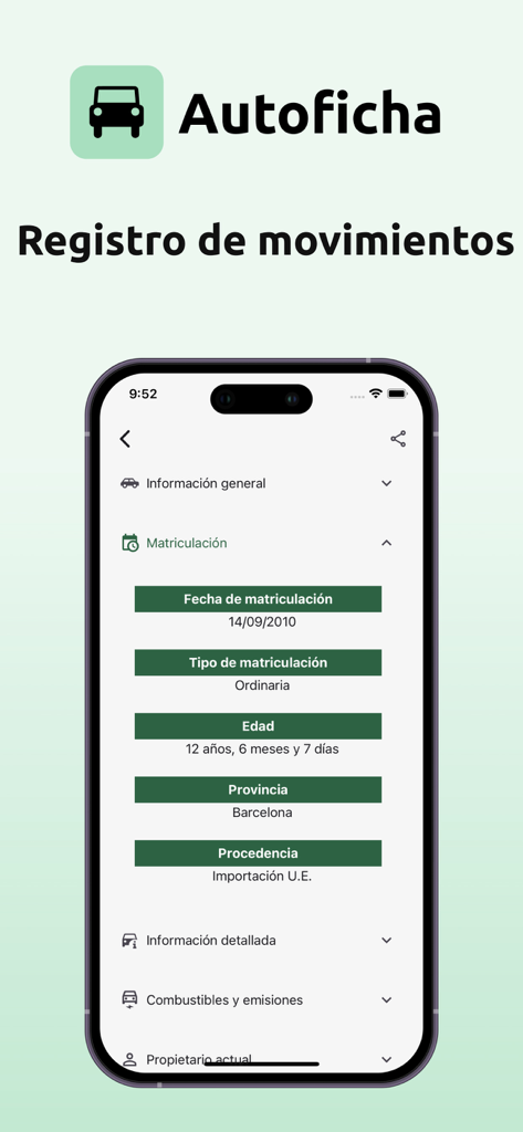 Autoficha - Informe DGT - Screenshot dell'app Autoficha che visualizza i dettagli di registrazione del veicolo come la data di registrazione e la provincia di origine