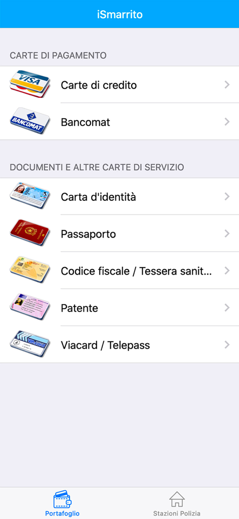 iSmarrito - Écran principal de l'application iSmarrito affichant les options de gestion des cartes de paiement perdues et des documents d'identité italiens.