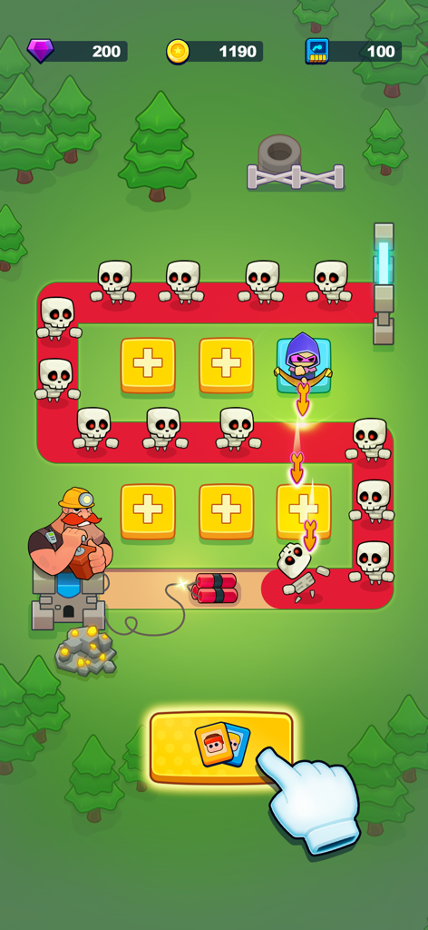 Survival Arena: Tower Defense - Gameplay de Survival Arena Tower Defense mostrando a un héroe defendiendo contra oleadas de esqueletos en un mapa de bosque