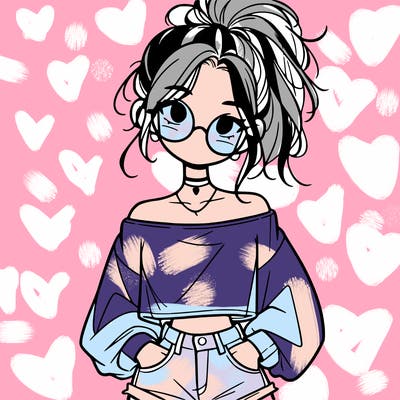 girl with a messy ponytail glasses a baggy crop top and jean shorts
