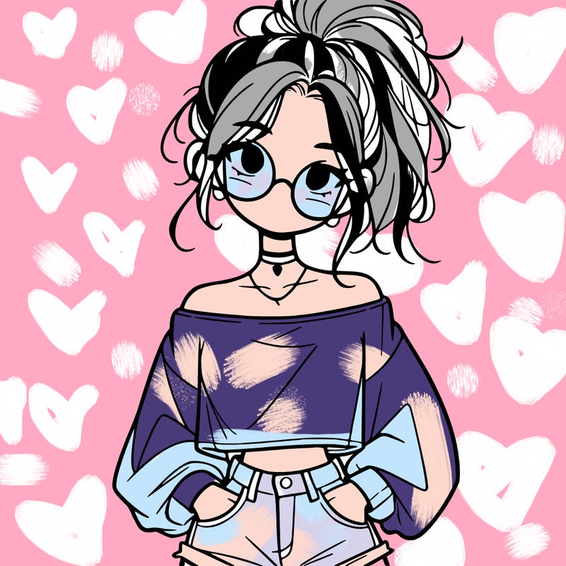 girl with a messy ponytail glasses a baggy crop top and jean shorts