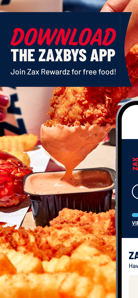 Zaxbys - Hand dipping Zaxbys chicken finger into sauce with app download and rewards text