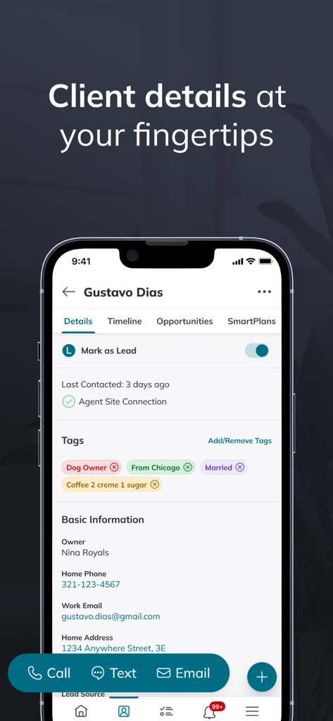 A mobile screen of the KW Command app showing detailed client information and contact tags
