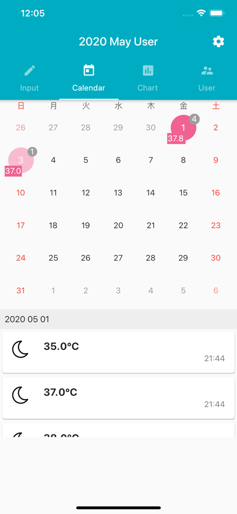Une interface de calendrier dans une application de suivi de température corporelle affichant les températures enregistrées et les journaux d'historique quotidiens.