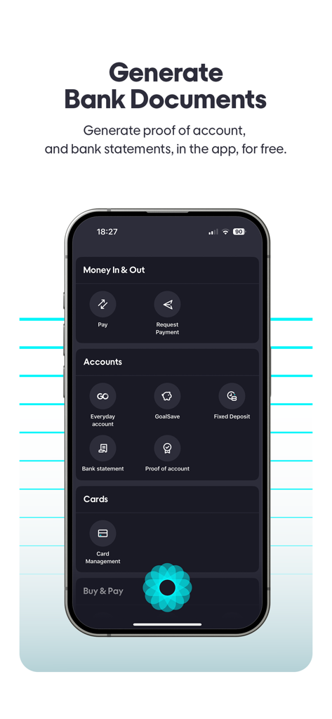 GoTyme Bank app interface for generating free bank statements and proof of account documents.