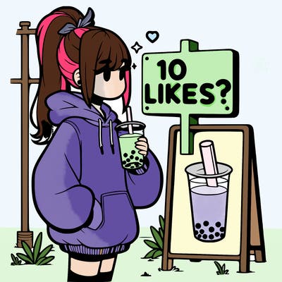 girl with oversized hoodie drinking boba and she has a high ponytail with a sign that says 10likes?