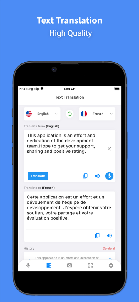 Language Translator Pro - All+ - Screenshot of the Language Translator Pro app showing a text translation from English to French on an iPhone.