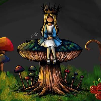 realistic girl sitting on a huge tree stump size toadstool with thorn crown