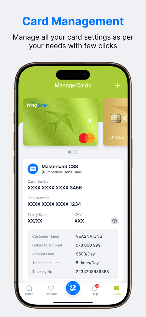 Mobile app interface for Wing Bank showing card management settings and virtual Mastercard details