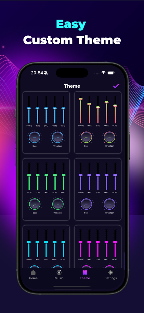 Volume Booster & EQ Amplifier - Interface showing different color theme options for the Volume Booster and EQ Amplifier app