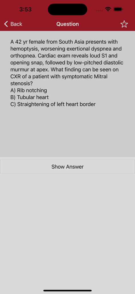 Bildschirm einer mobilen App mit einer medizinischen Übungsfrage mit Multiple-Choice-Optionen und einer Schaltfläche zum Anzeigen der Antwort