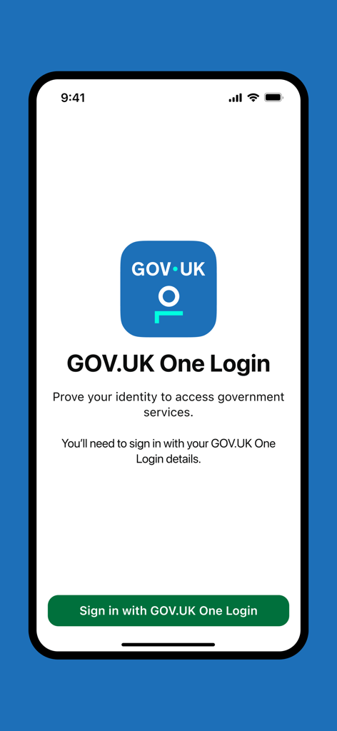 La pantalla de bienvenida de la aplicación GOV.UK One Login que muestra un botón de inicio de sesión e instrucciones para demostrar tu identidad.