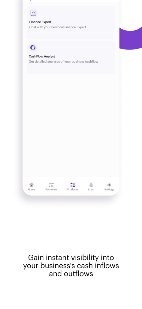 Pantalla de la aplicación móvil Carbon AI Business Banking que muestra las herramientas de asistente de análisis de flujo de efectivo y experto financiero de IA