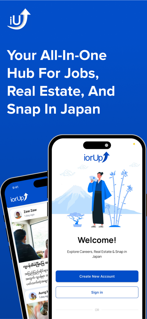 iorUp app welcome screen showing options for jobs and real estate in Japan