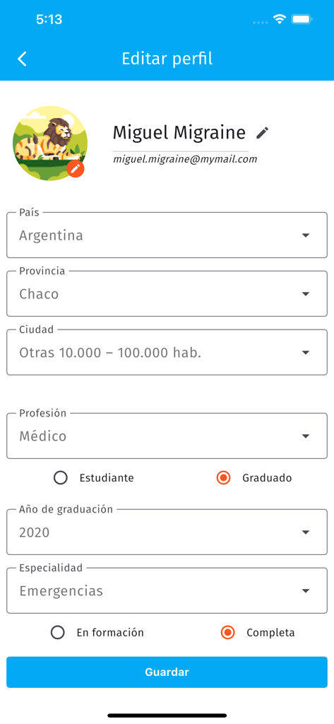 AntibioticApp - User profile editing screen in the AntibioticApp for doctors and medical students