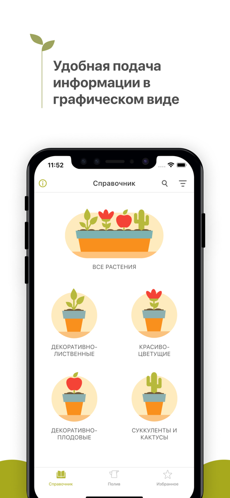 Menu principale dell'app mobile Piante da interno che visualizza categorie visive per varie specie di piante da interno come succulente e piante fiorite.