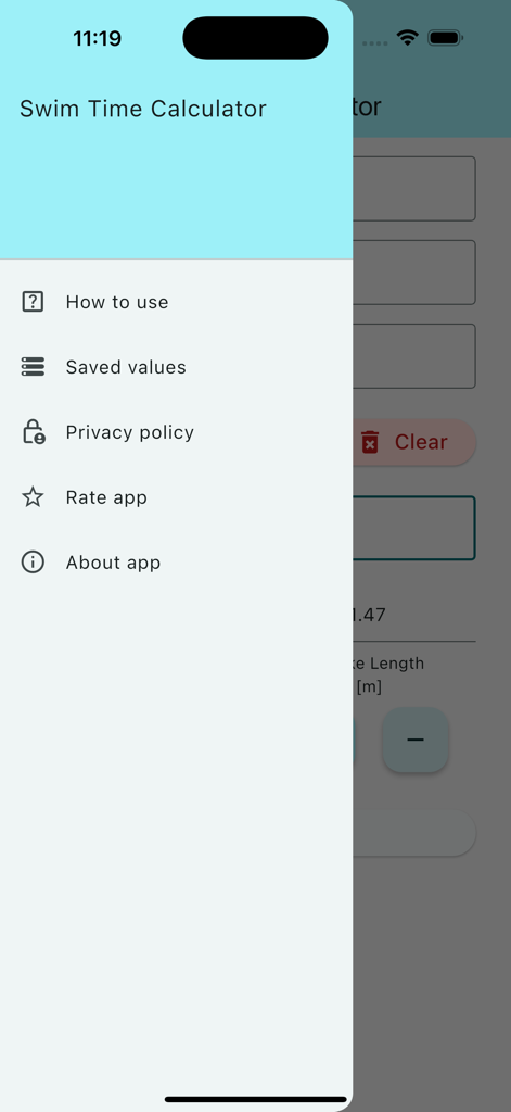 Swim Time Calculator - Un menú de navegación lateral en la aplicación Calculadora de Tiempo de Natación que enumera opciones como cómo usar valores guardados y la política de privacidad