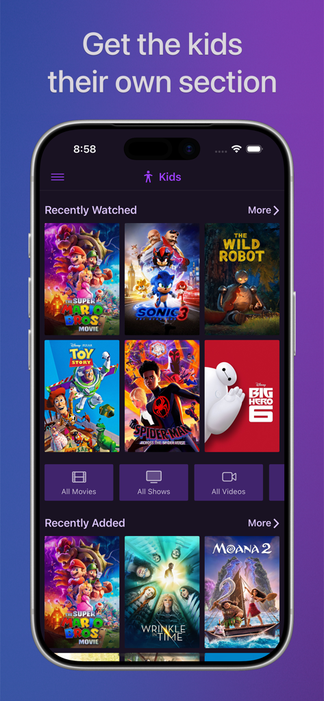 Channels: Whole Home DVR - Channels DVR mobile app showing a dedicated Kids section with movie posters like Toy Story and Super Mario Bros.
