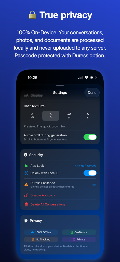 Solair AI - Local AI - Solair AI privacy settings screen showing 100 percent on-device processing and security features like duress passcode