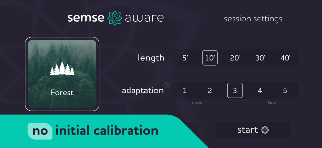 Semse Aware: Be Present Now - A tela de configurações da sessão do aplicativo Semse Aware mostrando a duração da meditação e as opções de nível de adaptação sem calibração inicial.