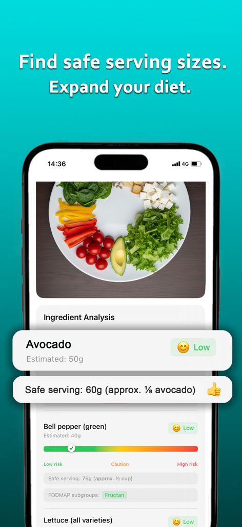 Mobile app screenshot showing an AI ingredient analysis of a meal with safe serving size recommendations for a low FODMAP diet.