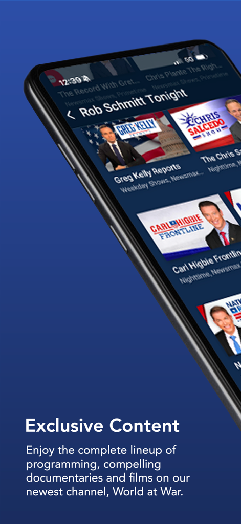 Newsmax - Newsmaxアプリに限定ニュース番組やドキュメンタリーが表示されているスマートフォンの画面。