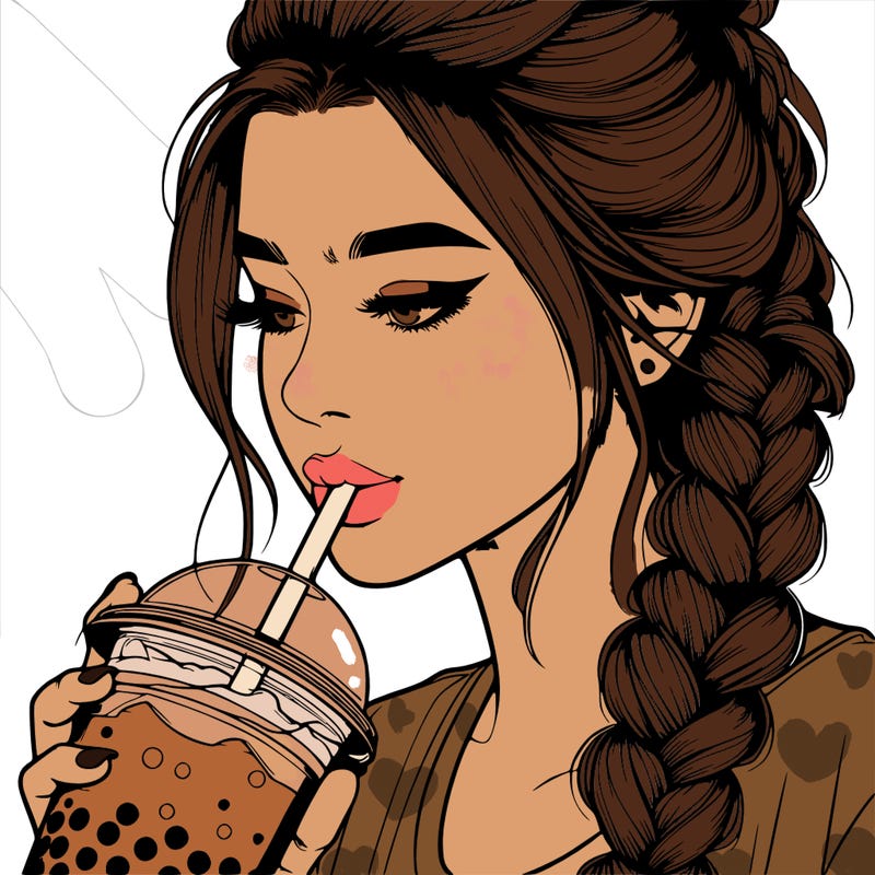 realistic girl drinking boba tea with braided hair