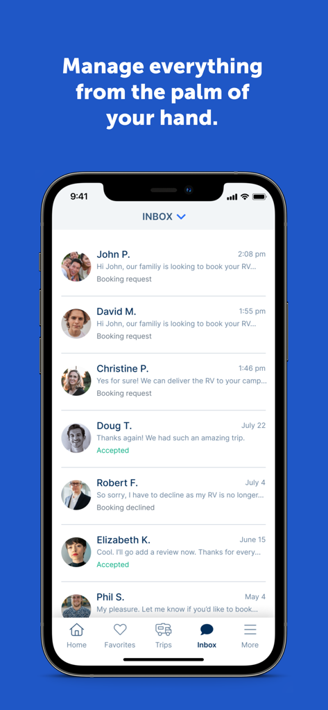 RVezy - RV & Trailer Rental - A screenshot of the RVezy app inbox showing multiple booking requests and messages from travelers