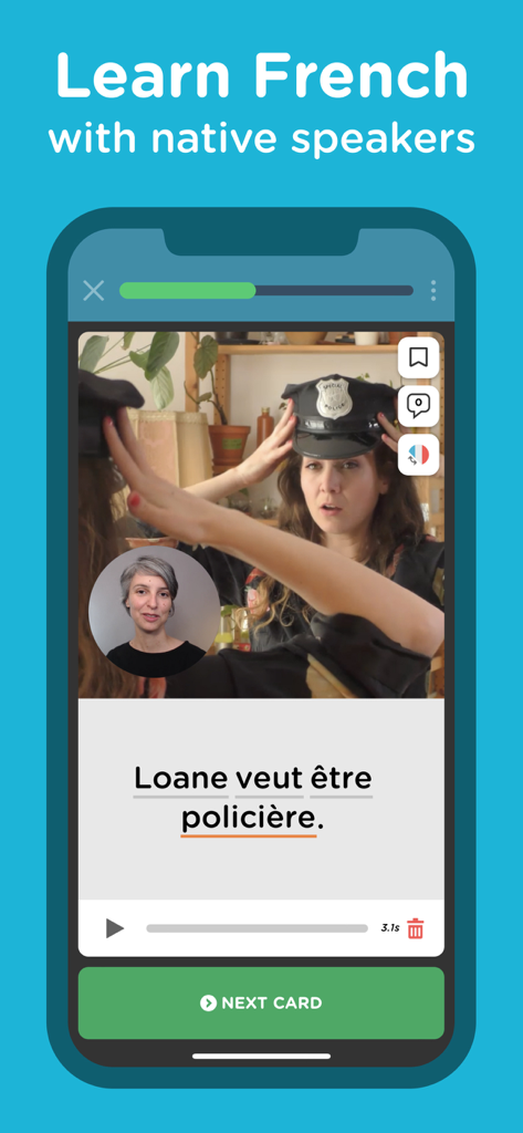 Seedlang app interface showing an interactive French video lesson with a native speaker