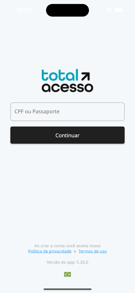 Total Acesso Facial - Pantalla de inicio de sesión de la aplicación Total Acesso Facial con un campo para identificación de CPF o Pasaporte y un botón de continuar