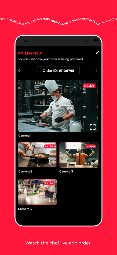 LiveChef Online Restaurant - Interfaz de aplicación móvil que muestra múltiples transmisiones de cámaras de cocina en vivo de chefs preparando comida