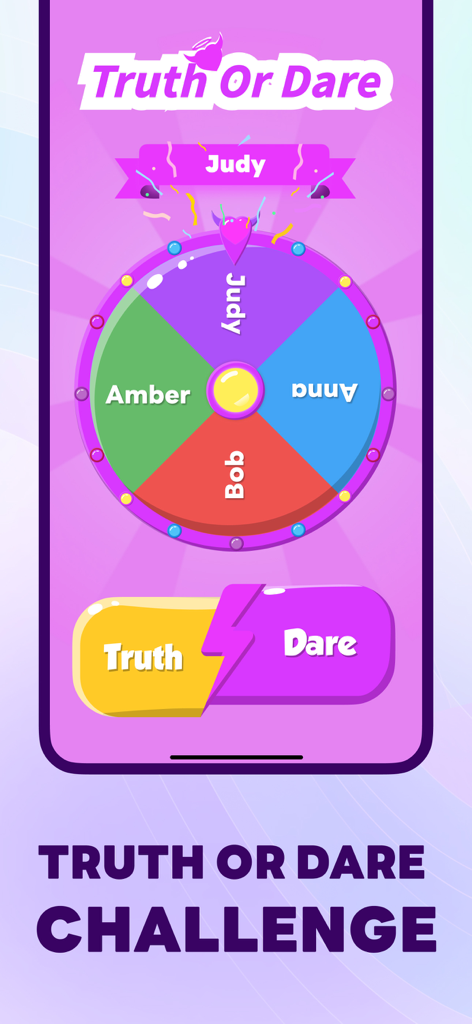 Spin Wheel & Ruleta Para Rifas - Interface du jeu Vérité ou Conséquence sur une application de roue de la fortune colorée présentant les noms des joueurs et des boutons d'action.