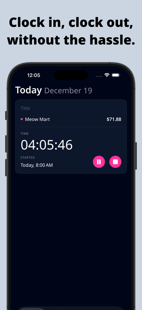 モバイルアプリ画面。時給ジョブの稼働時間タイマーとリアルタイム収入計算を表示。