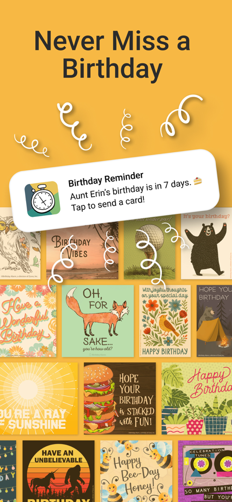 BirthdayAlarm: Reminders Cards - A mobile notification for a birthday reminder over a grid of colorful digital greeting cards