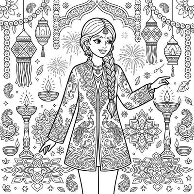 Immerse yourself in the vibrant spirit of Diwali with this stunning coloring page, featuring a figure adorned in exquisite mythological outerwear. Discover the joy of bringing to life intricate diyas, radiant rangoli, and sparkling fireworks.