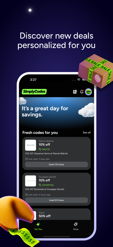 SimplyCodes: Coupons & Rewards - SimplyCodes mobile app interface showing a list of personalized fresh coupon codes and discounts for brands like Manolo Blahnik.