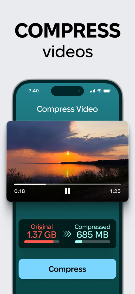 CleanMy®Phone: Cleanup Storage - Interfaz de la aplicación CleanMyPhone mostrando un video siendo comprimido de 1.37 GB a 685 MB para ahorrar espacio de almacenamiento