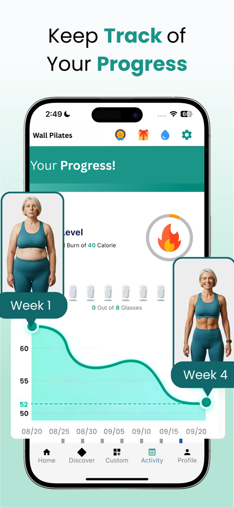 Pantalla de progreso de la aplicación Wall Pilates con gráfico de pérdida de peso y fotos de antes y después