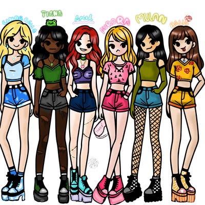 a group of girls wearing crop tops and shorts