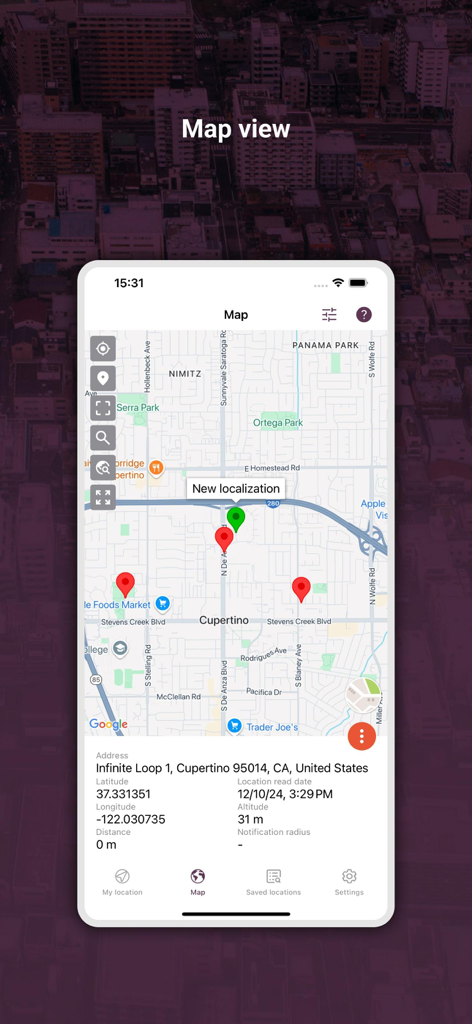 My GPS Locationアプリのマップビューに、位置ピンと正確な座標が表示されています