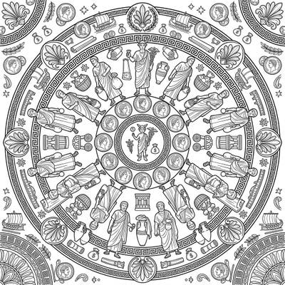 Step back in time and bring the vibrant world of ancient Roman commerce to life with this unique mandala. Featuring detailed Roman merchants and historical elements, it's a captivating coloring experience for history buffs and art lovers alike.