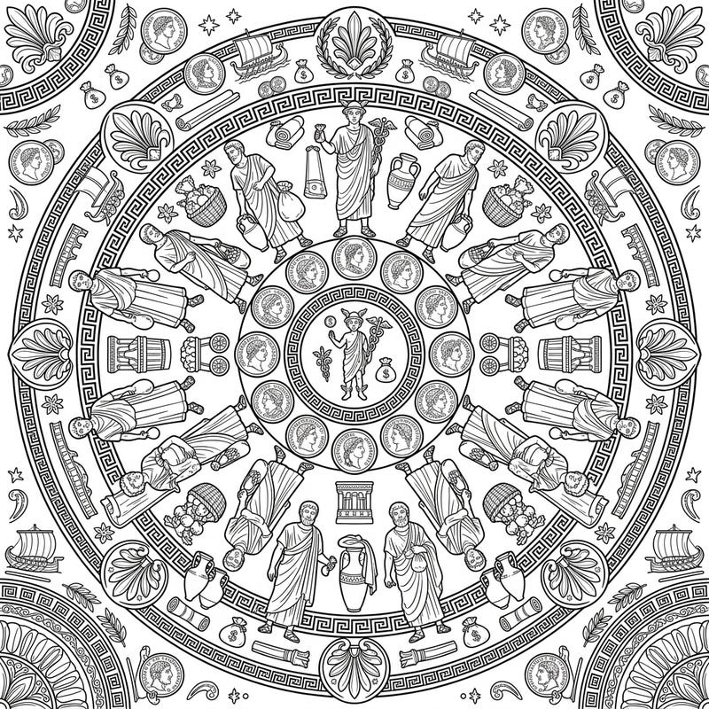 Step back in time and bring the vibrant world of ancient Roman commerce to life with this unique mandala. Featuring detailed Roman merchants and historical elements, it's a captivating coloring experience for history buffs and art lovers alike.