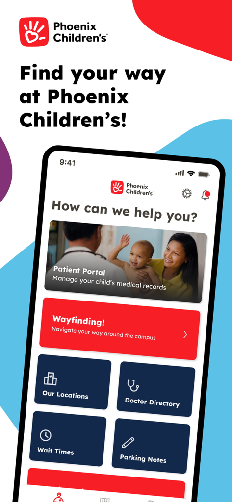Pantalla de inicio de la aplicación Phoenix Childrens Hospital que muestra opciones de navegación y portal del paciente
