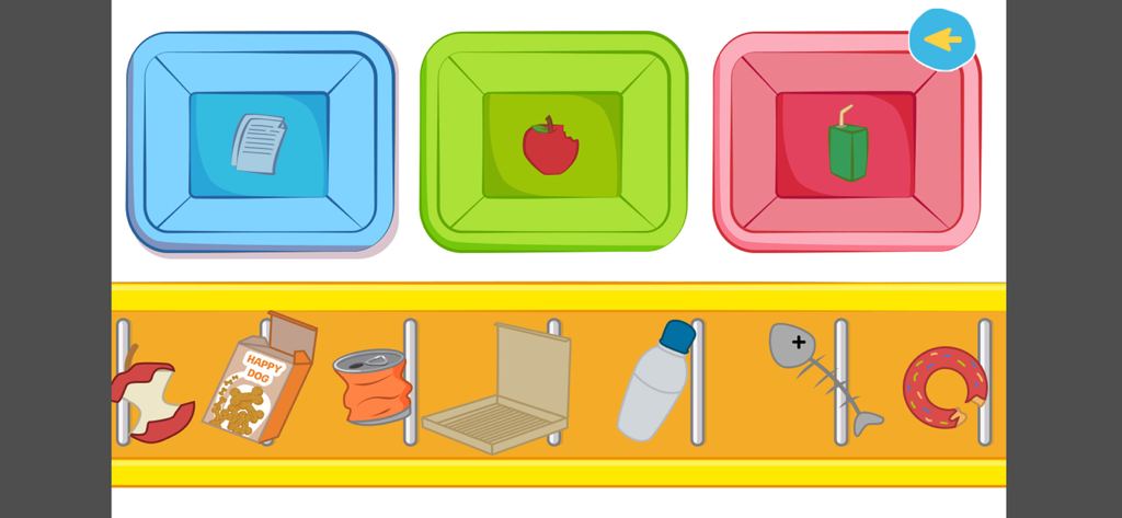 Minijuego educativo de reciclaje que muestra una cinta transportadora con artículos de basura y tres contenedores de clasificación de colores